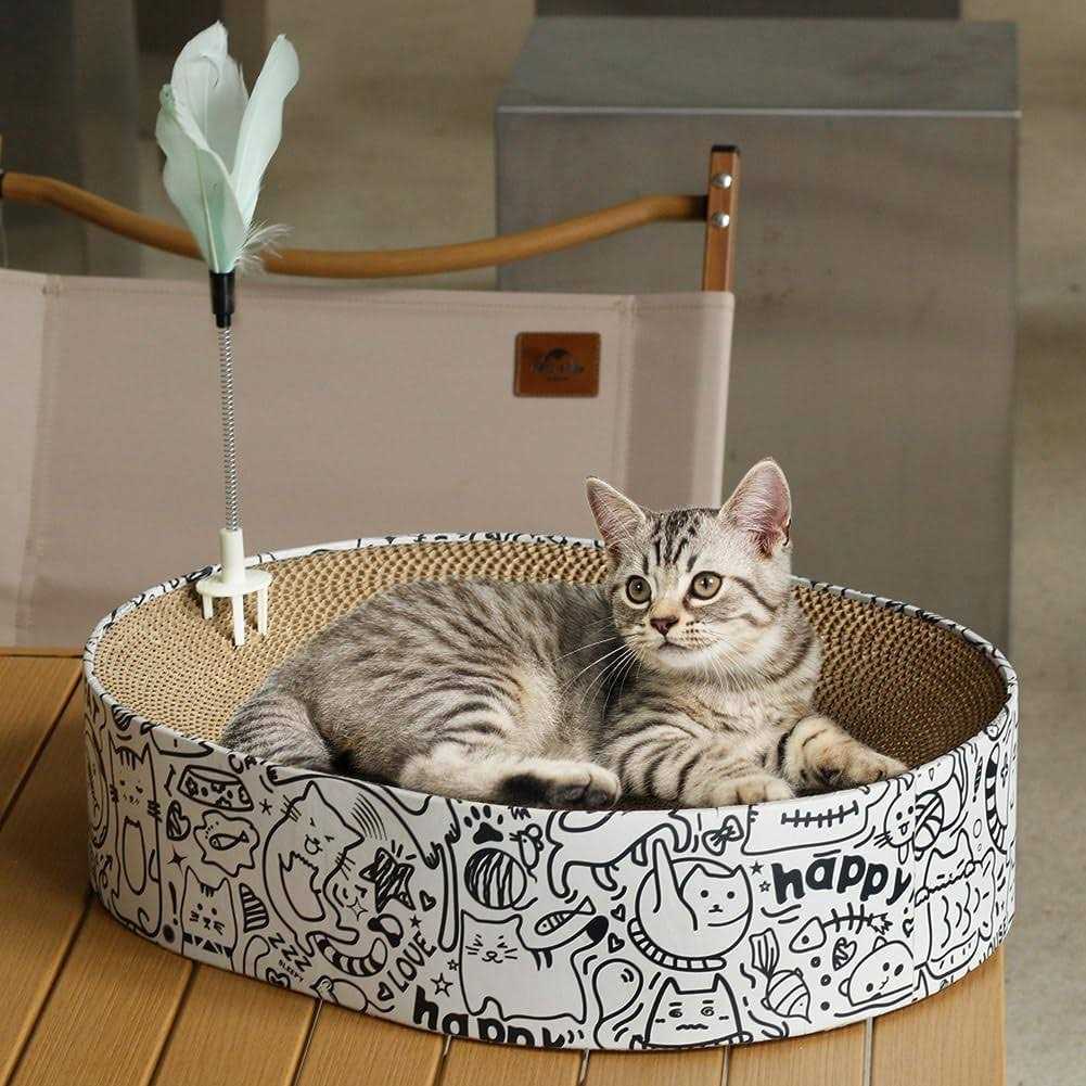 Cat Scratcher Cardboard 2in1 Oval Cat Scratcher Bed for Indoor Cats Cat Scratch Pad Bowl with Scratching Toy Corrugated Lounge Bed&Furniture - Healthber