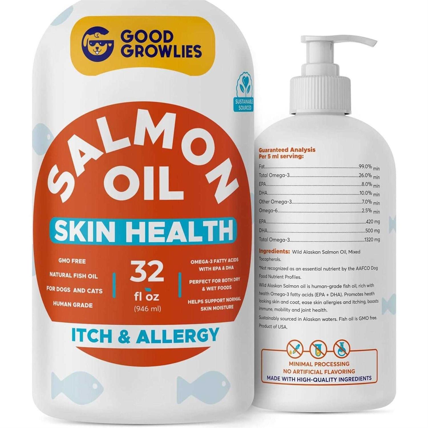 GoodGrowlies Omega 3 Alaskan Salmon Oil for Dogs Dry & Itchy Skin Relief + Allergy Support - Healthber