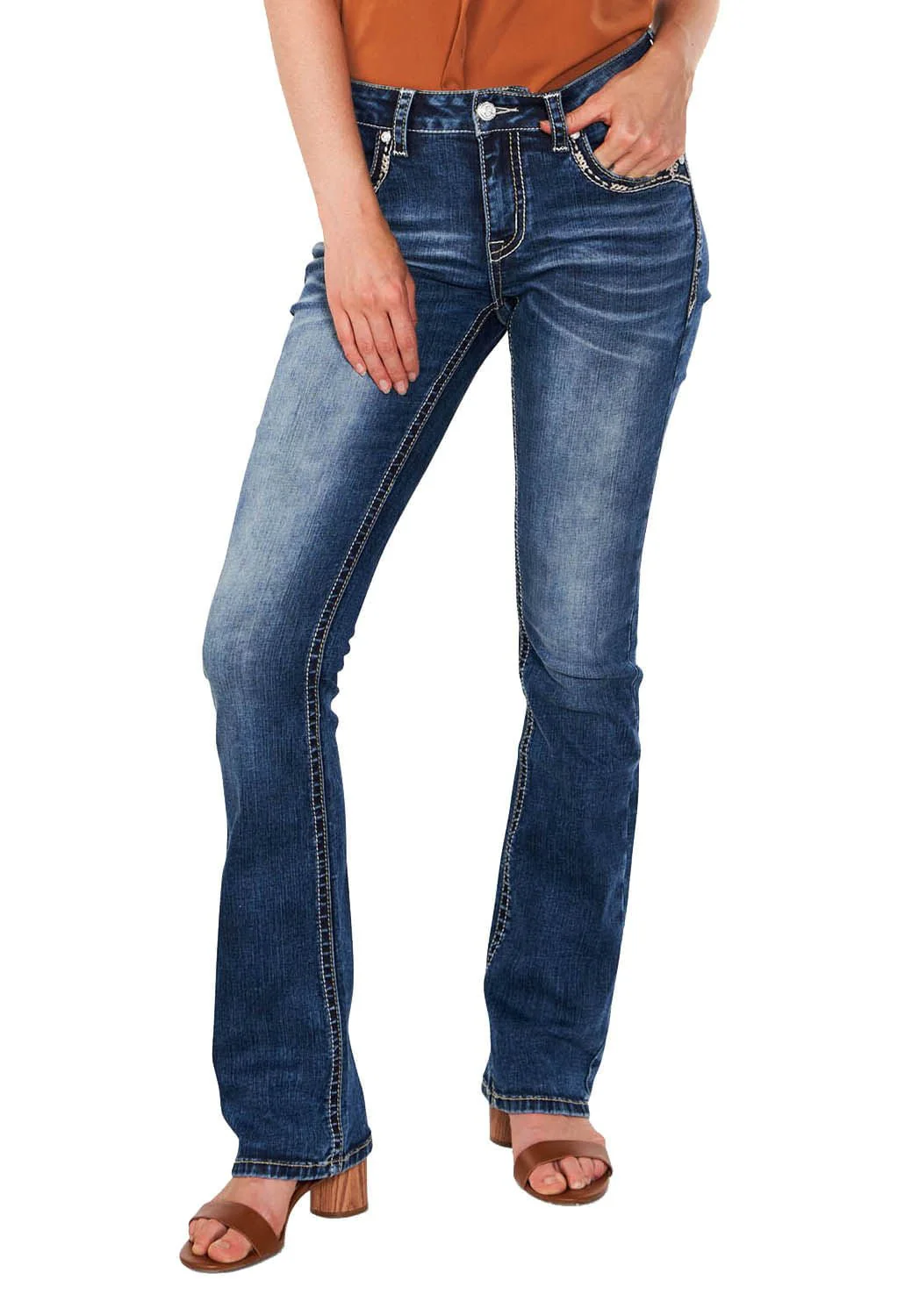Grace in LA Cactus Scene Embroidered Mid Rise Bootcut Jeans - Healthber