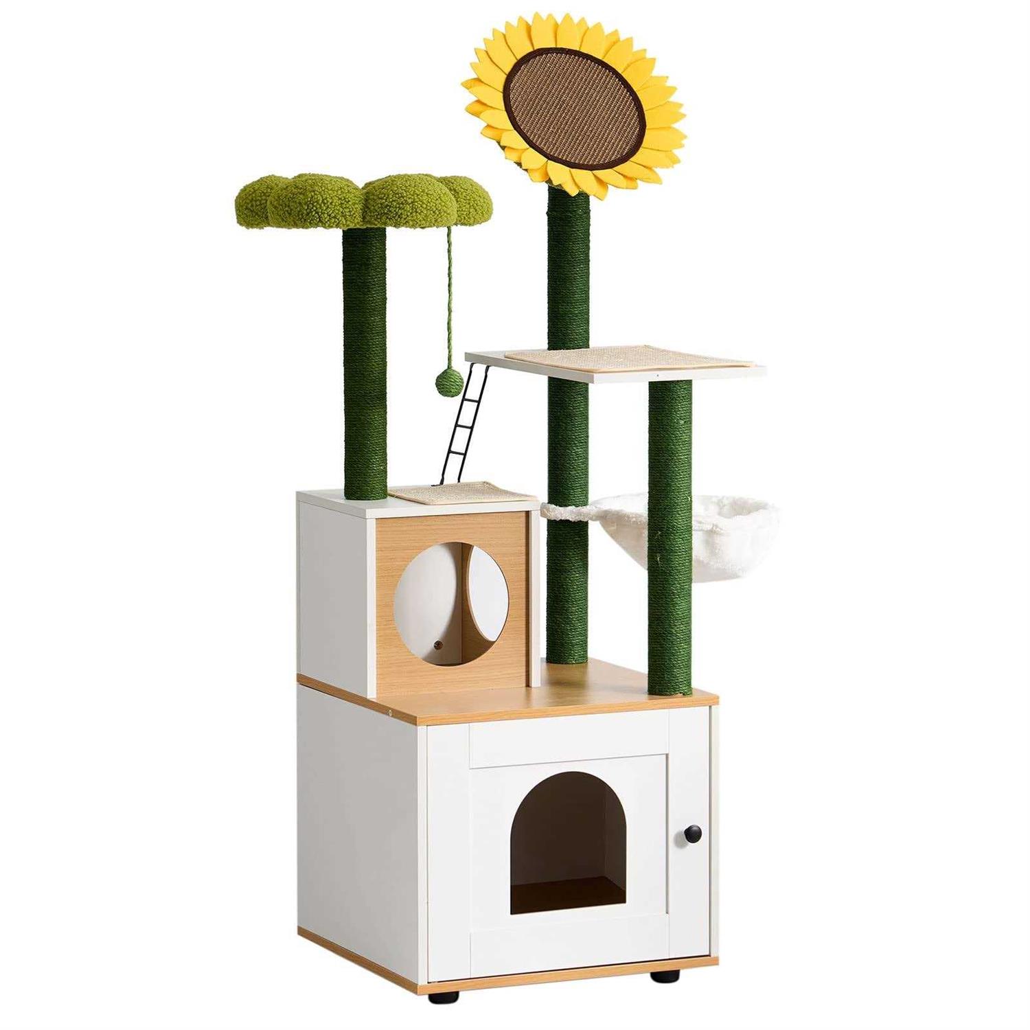 soges Cat Tree with Litter Box Enclosure, Hidden Cat Washroom with Scratching Posts, Cat Tree Tower with Cat Condo and Hammock - Healthber