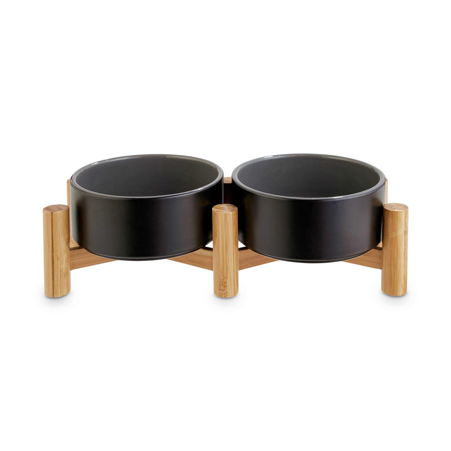 Reddy Black Ceramic Bamboo Elevated Double Diner Pet Bowl - Healthber