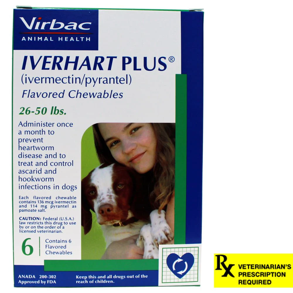 Rx Iverhart Plus (Ivermectin/ Pyrantel) Flavored Chewables for Dogs, 6 Month - Healthber