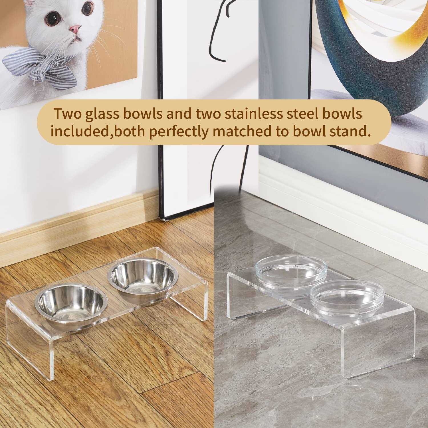 Feoyoho Acrylic Elevated Dog Cat Bowls Pet Feeder Double Bowl Raised Stand Comes with 2 Removable Glass Bowls and 2 Stainless Steel Bowls.Perfect for cats - Healthber