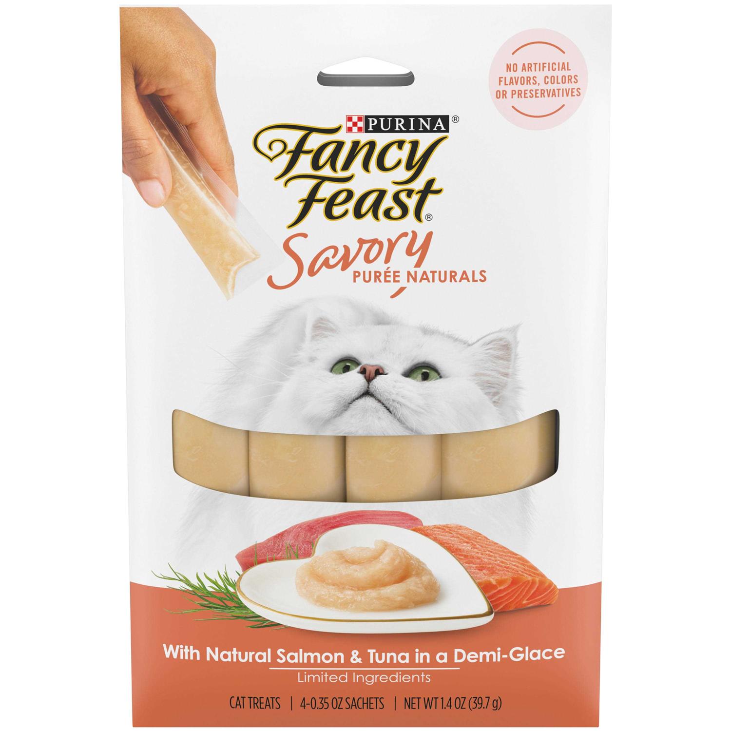 Fancy Feast Savory Puree Naturals Squeezable Salmon & Tuna in Demi-Glace Cat Treats - Healthber