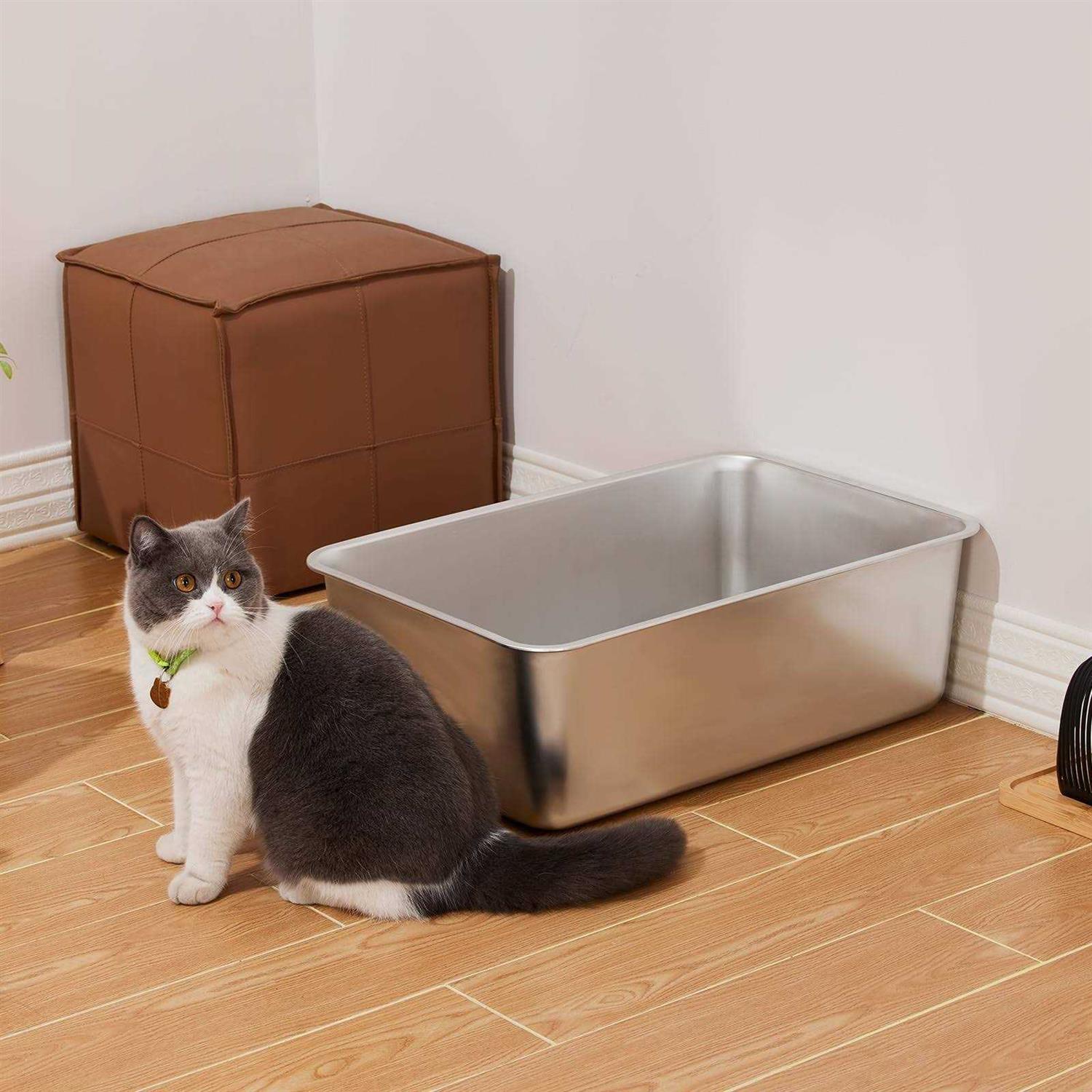 Yangbaga Stainless Steel Litter Box for Cat and Rabbit, Large Size with 8in High Sides and Non Slip Rubber Feet. Odor Control - Healthber