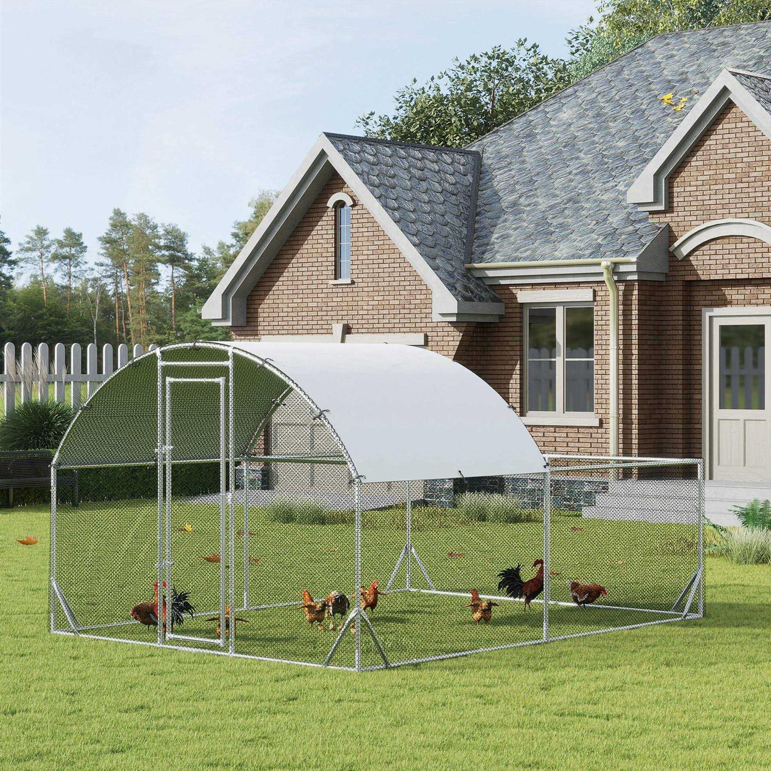 PawHut Metal Chicken Coop Walk-in Enclosure with Cover - Healthber