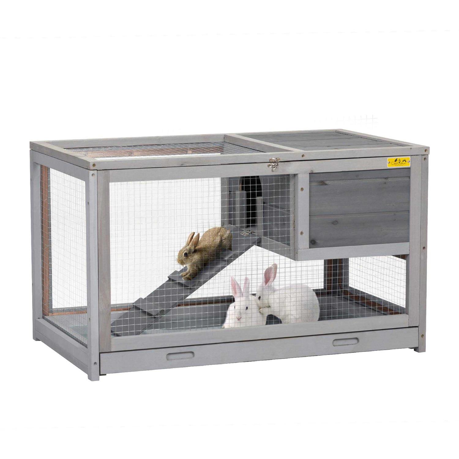 cozivvovv 2 Story Wooden Rabbit Hutch Indoor Outdoor Rabbit Cage with Pull Out Tray, Openable Roof, Side Door and Anti-Slip Ramp - Healthber