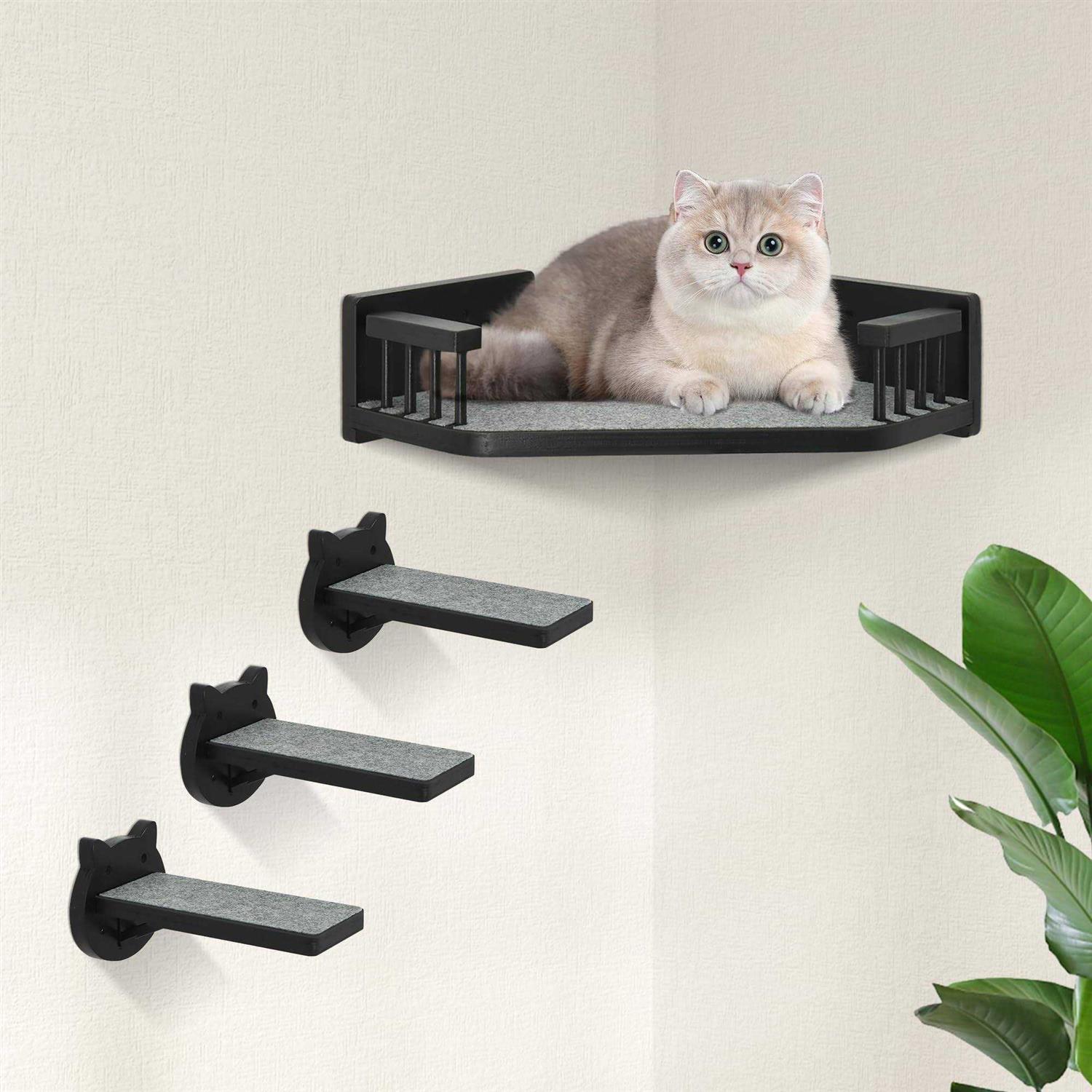 Cat Wall Shelves, Corner Cat Shelves and Perches for Wall Cat Wall Furniture Cat Shelf with 3 Steps - Healthber