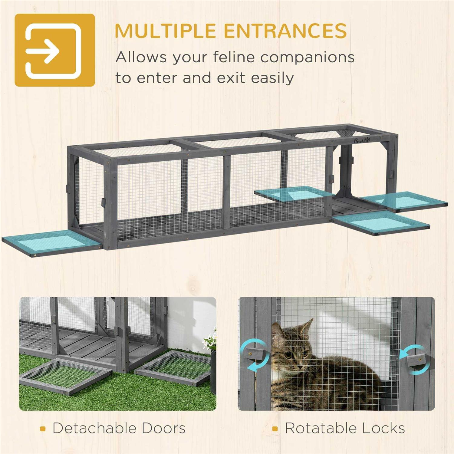 PawHut 59 Long Cat Tunnel with Extendable Design Wooden Outdoor Cat Tunnel House with Weather Protection - Healthber