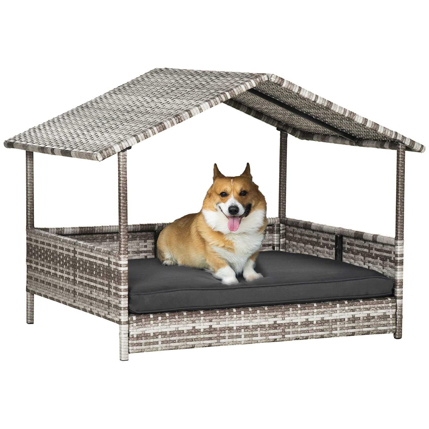 PawHut Wicker Dog House Elevated Raised Rattan Bed for Indoor/Outdoor with Removable Cushion Lounge - Healthber