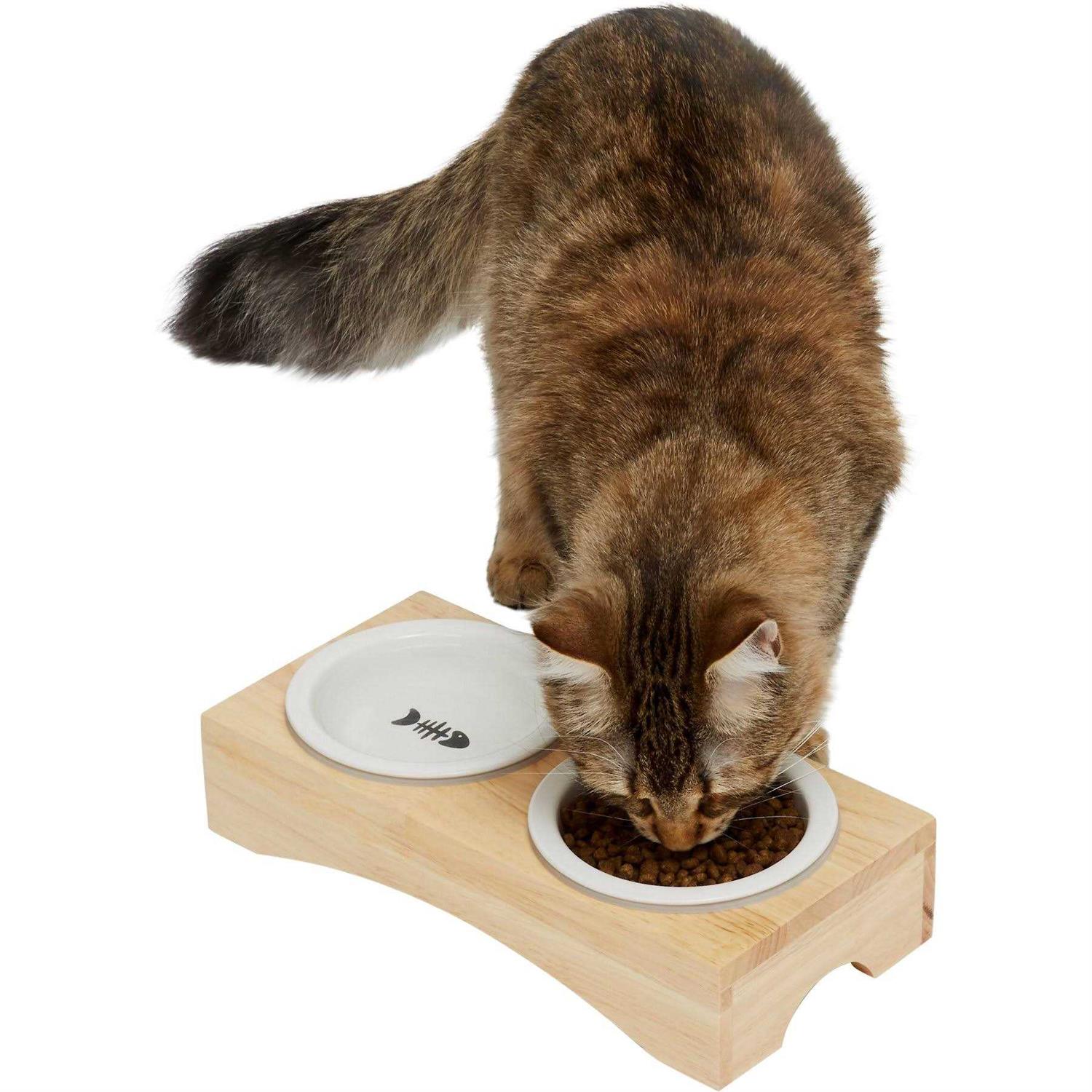 Frisco Double Elevated Cat Bowl with Wood Stand - Healthber