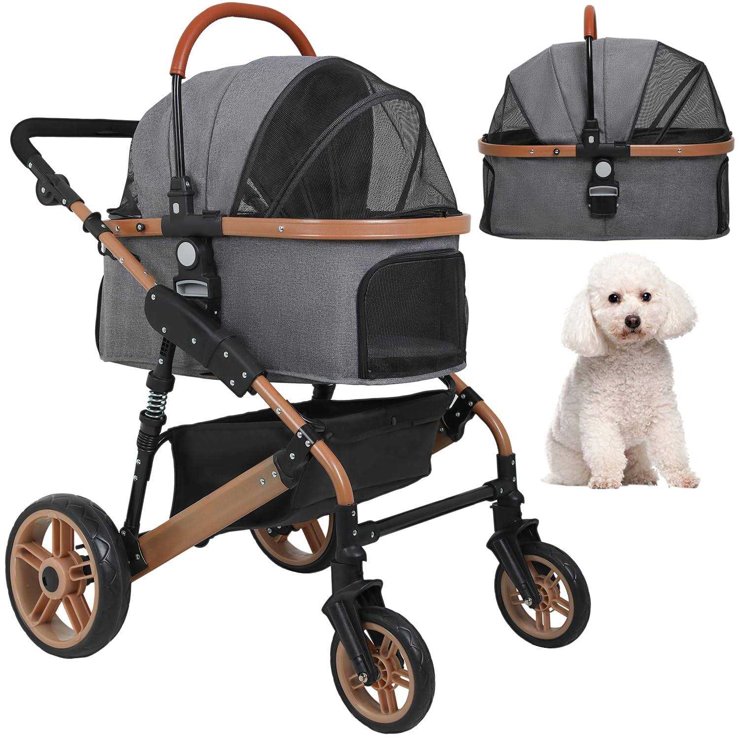 BestPet Pet Stroller Premium 3-in-1 Multifunction 4 Wheels Dog Cat Stroller for Large Medium Dogs Cats Aluminium Frame Folding Lightweight Travel - Healthber