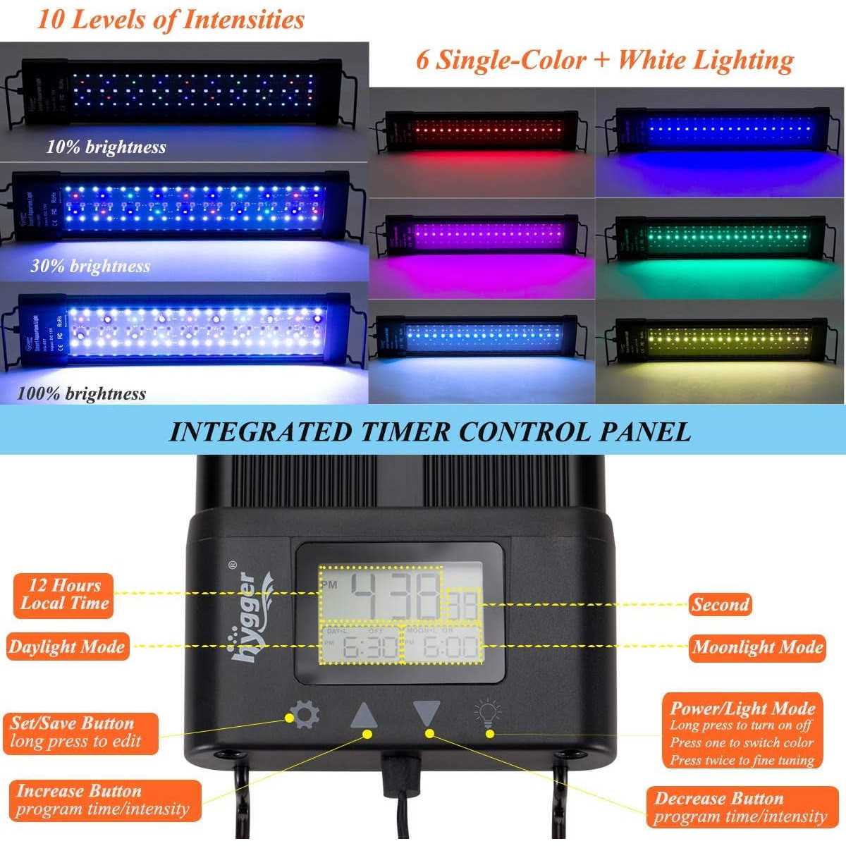 Hygger Auto On Off LED Aquarium Light Extendable 7 Colors Full Spectrum Light Fixture for Freshwater Planted Tank Build - Healthber