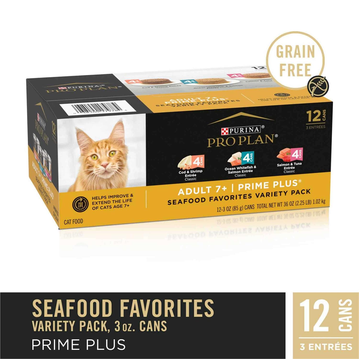 Purina Pro Plan Grain-Free Senior Pate Prime Plus Seafood Favorites Wet Cat Food Variety Pack - Healthber