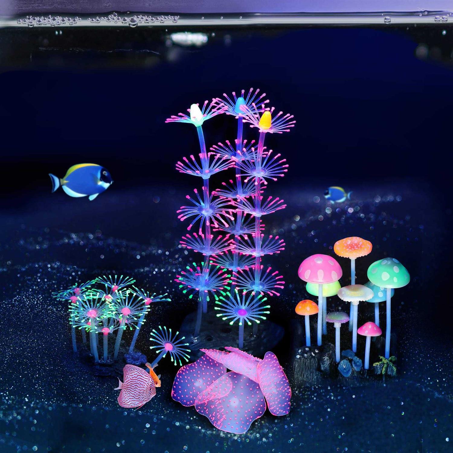 Lpraer 4 Pack Glow Aquarium Decorations Coral Reef Glowing Mushroom Anemone Simulation Glow Plant Glowing Effect Silicone for Fish Tank Decorations - Healthber