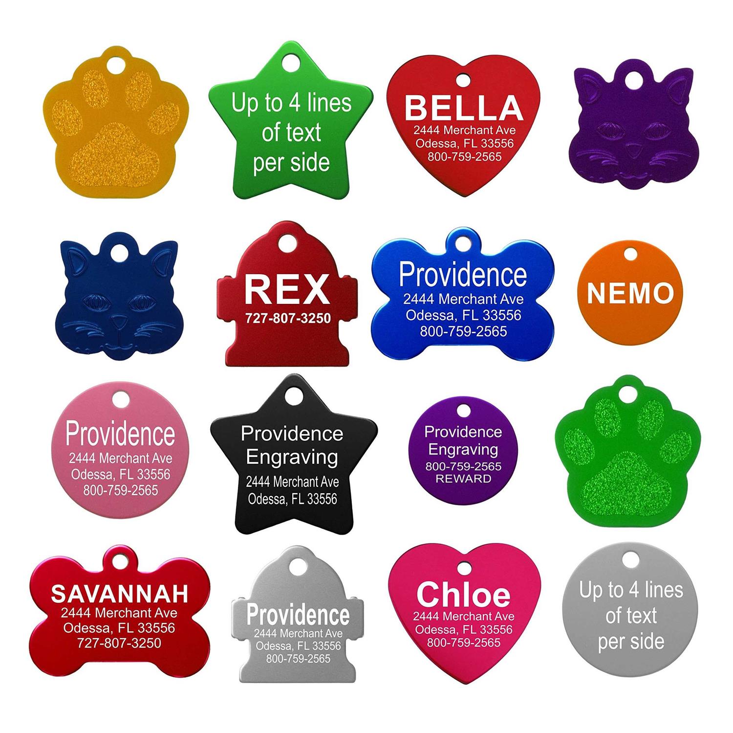 Providence Engraving Pet ID Tags Small or Large Personalized Anodized Aluminum Pet Tags in Bone, Round, Star, Heart, Hydrant, Paw and Cat Face - Healthber