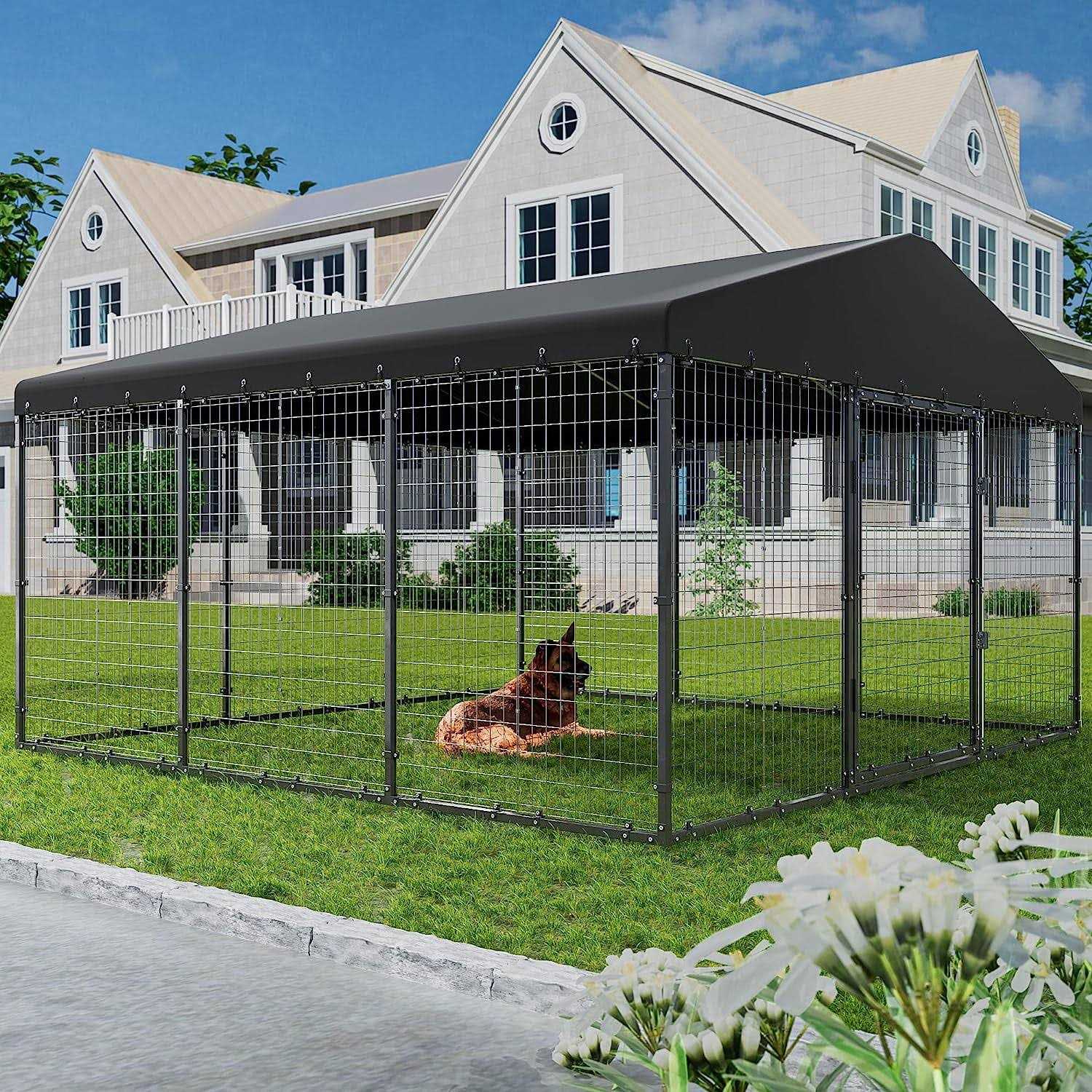 Alaulm Large Heavy Duty Outdoor Dog Kennel, Galvanized Steel Dog Kennel Fence with Roof and Double Safety Locks - Healthber