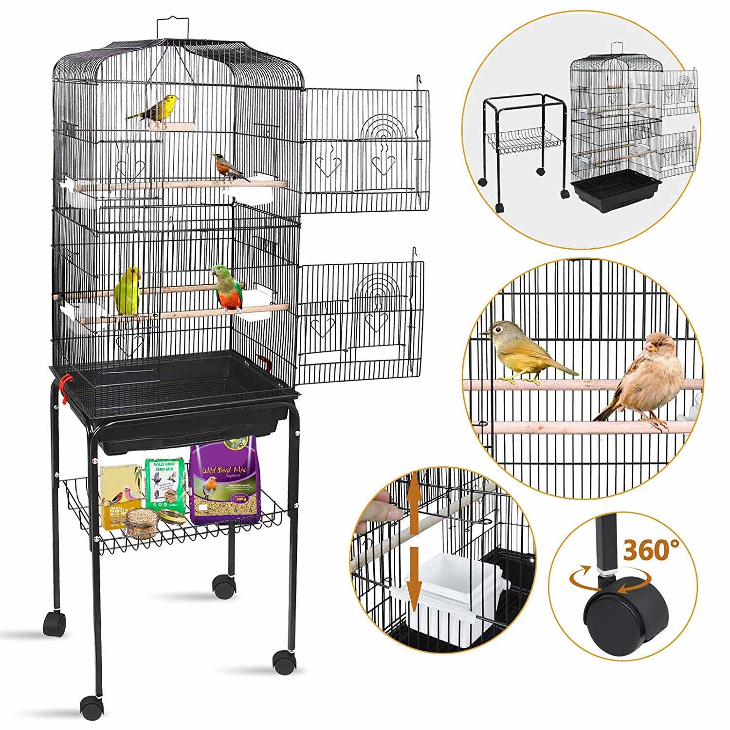 Zenstyle 59.3” Bird Cage with Rolling Stand Wrought Iron Birdcage Medium Pet House, Black - Healthber