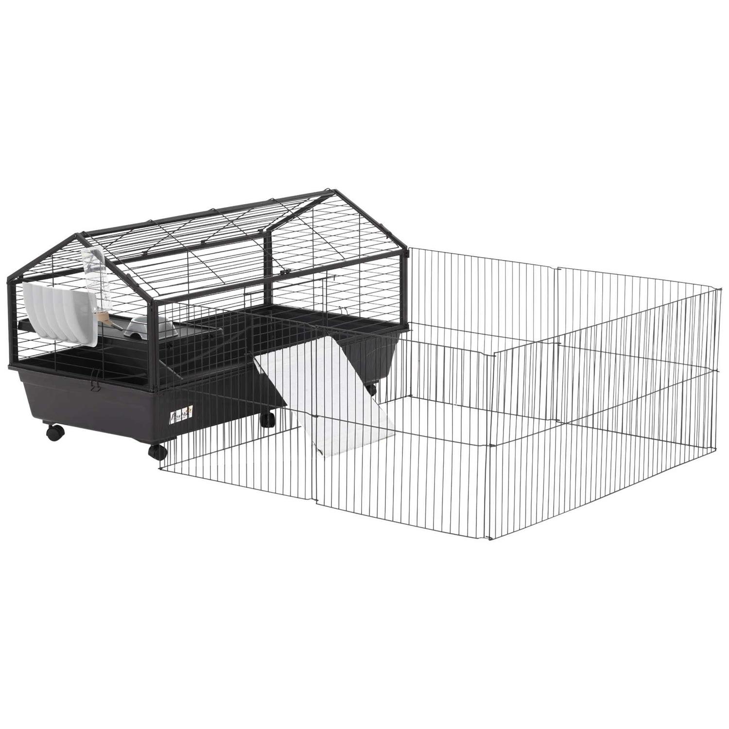 PawHut Rolling Metal Rabbit Guinea Pig or Small Animal Hutch Cage with Main House and Run - Healthber