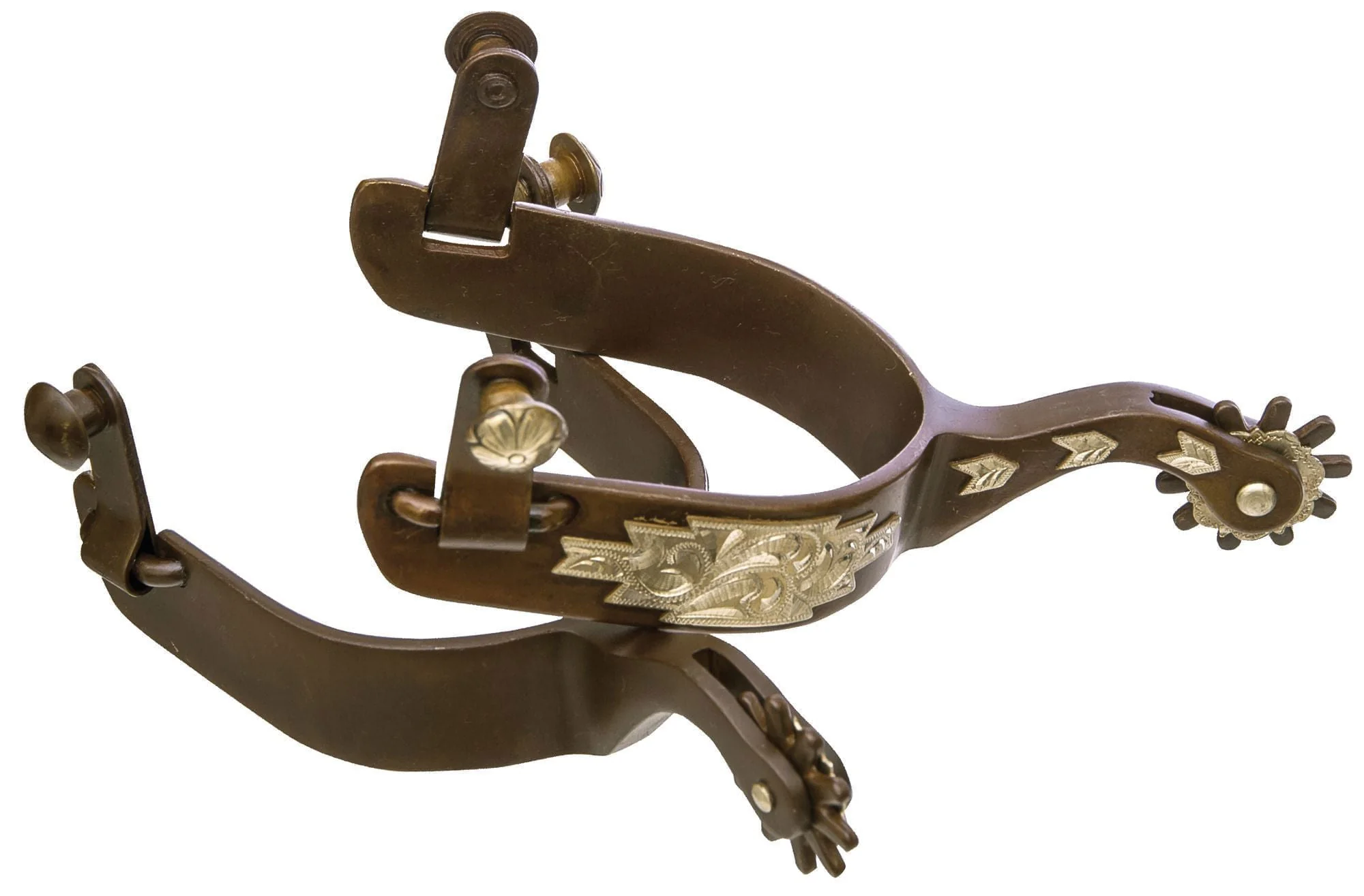 Antique Brown Metal & German Silver Accent 10-pt Rowel Spurs, Pair - Healthber
