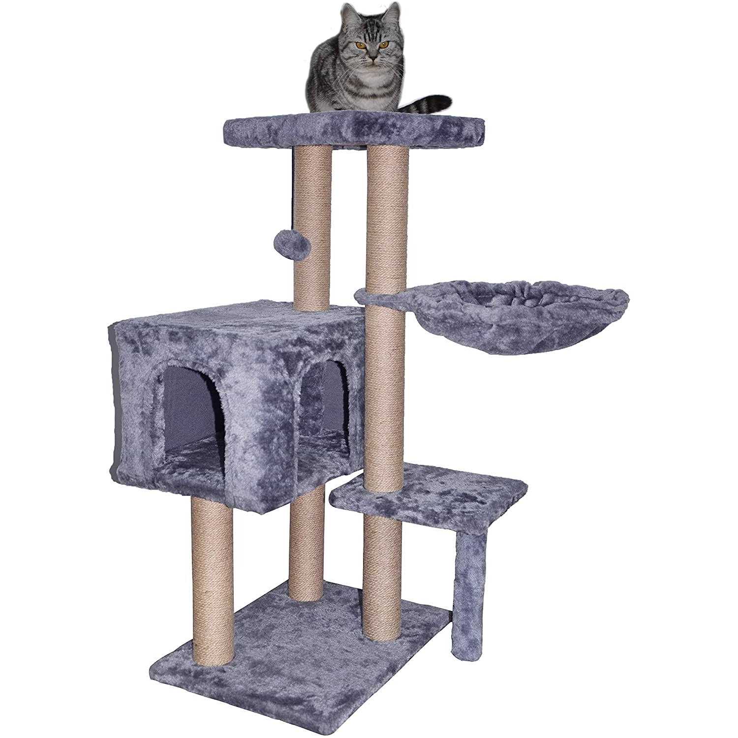 Aiwikide 002G Cat Tree has Scratching Toy with a Ball Activity Centre Cat Tower Furniture Jute-Covered Scratching Posts Grey - Healthber