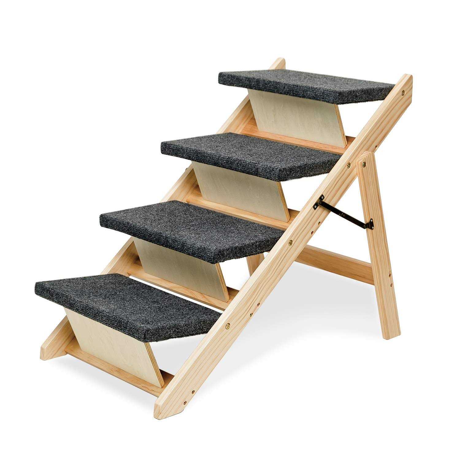 Mewang Wooden Dog Stairs/Steps Foldable 4 Levels Pet Stairs & Ramp Perfect for Beds and Cars - Healthber
