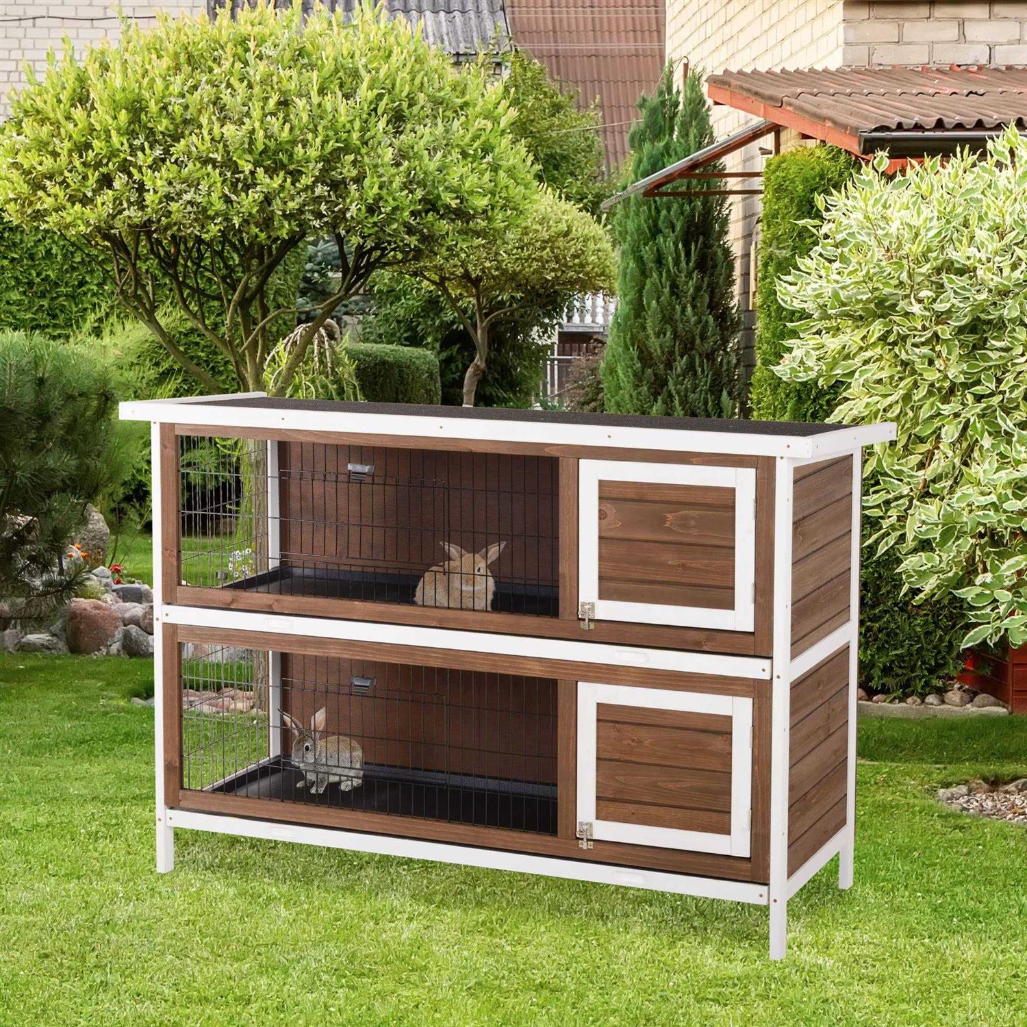 PawHut 54 2-Story Large Rabbit Hutch Bunny Cage Wooden Pet House Small Animal Habitat with Lockable Doors, No Leak Tray and Waterproof Roof - Healthber