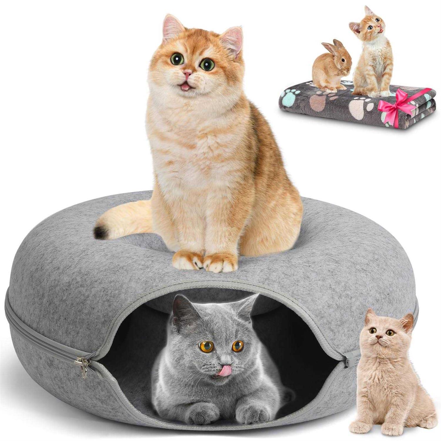 HOMAGICO Cat Tunnel Bed,Peekaboo Cat Cave with Pet Blanket,Detachable Donut Tunnels for Indoor Cats,Cat Tunnel Toy,Felt Round Cat Bed Suitable - Healthber