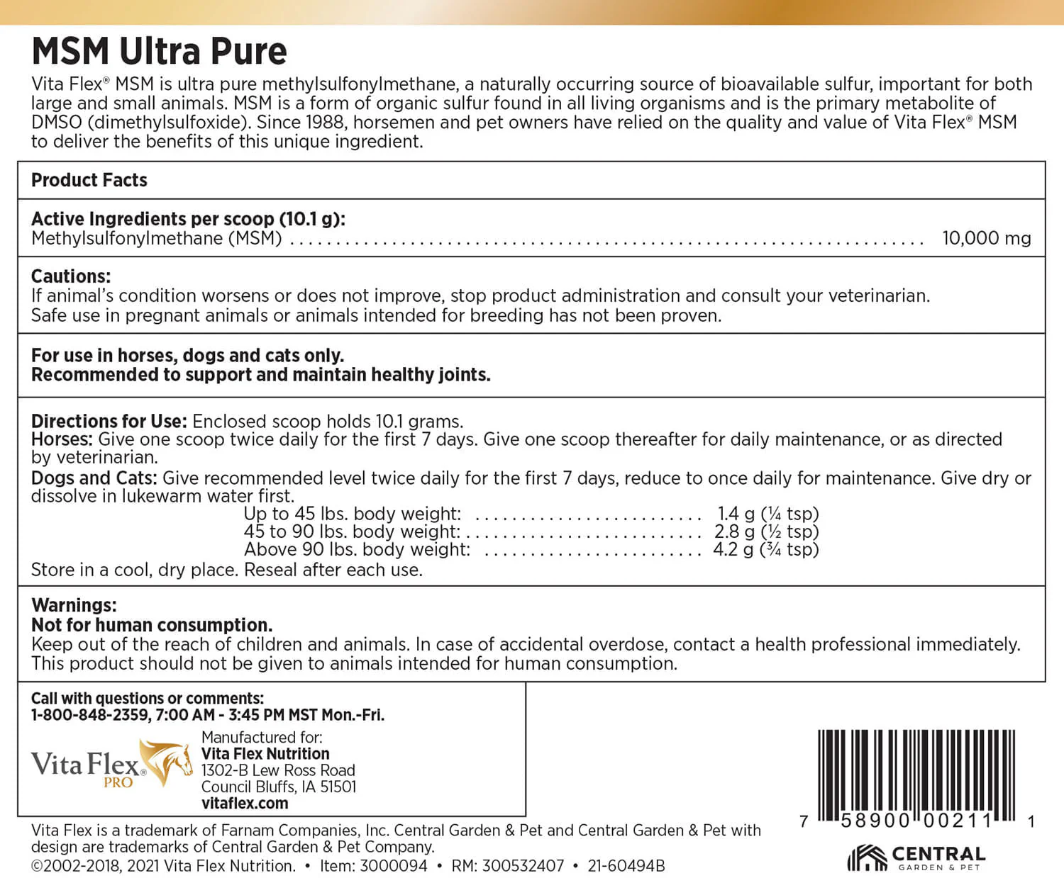 Vita Flex Pro MSM Quality Joint Supplement for Horses, Dogs and Cats - Healthber