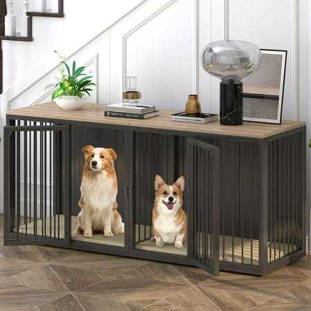 Large Dog Crate Furniture for 2 Dogs Linor Wooden Dog Crate Table with Double Doors - Healthber