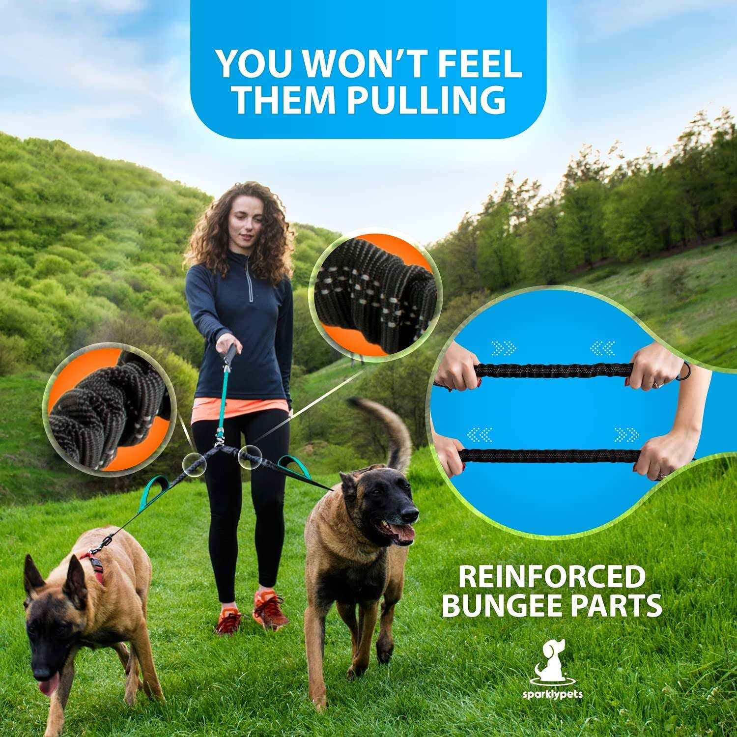 SparklyPets Double Dog Leash for 2 Dogs – Rope Bungee Dual Leash for Medium and Large Dogs with Padded Handles Tangle - Healthber