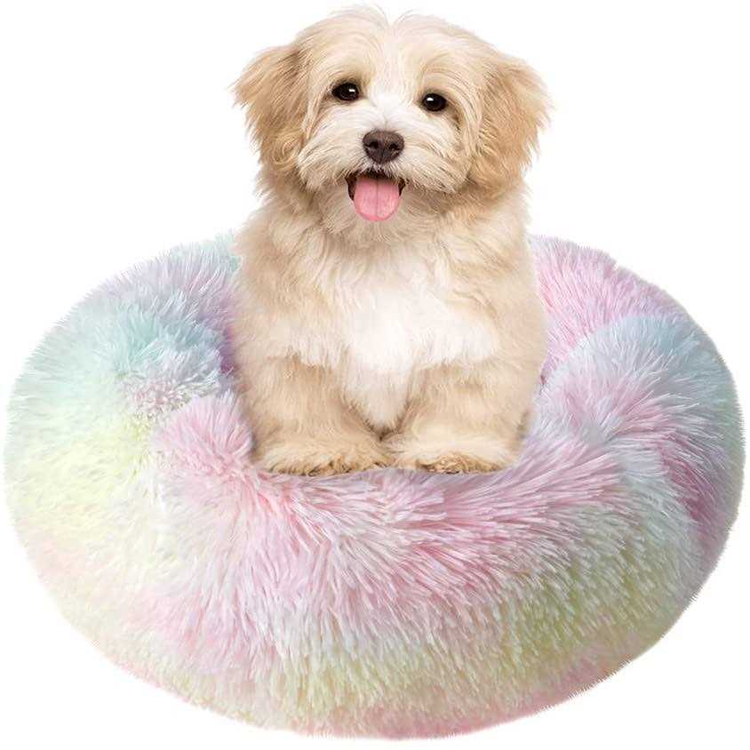 Otoez Round Plush Donut Pet Bed Warm Fur Cuddler Dog Cat Cushion Bed Calming Bed Non-Slip Bottom - Healthber
