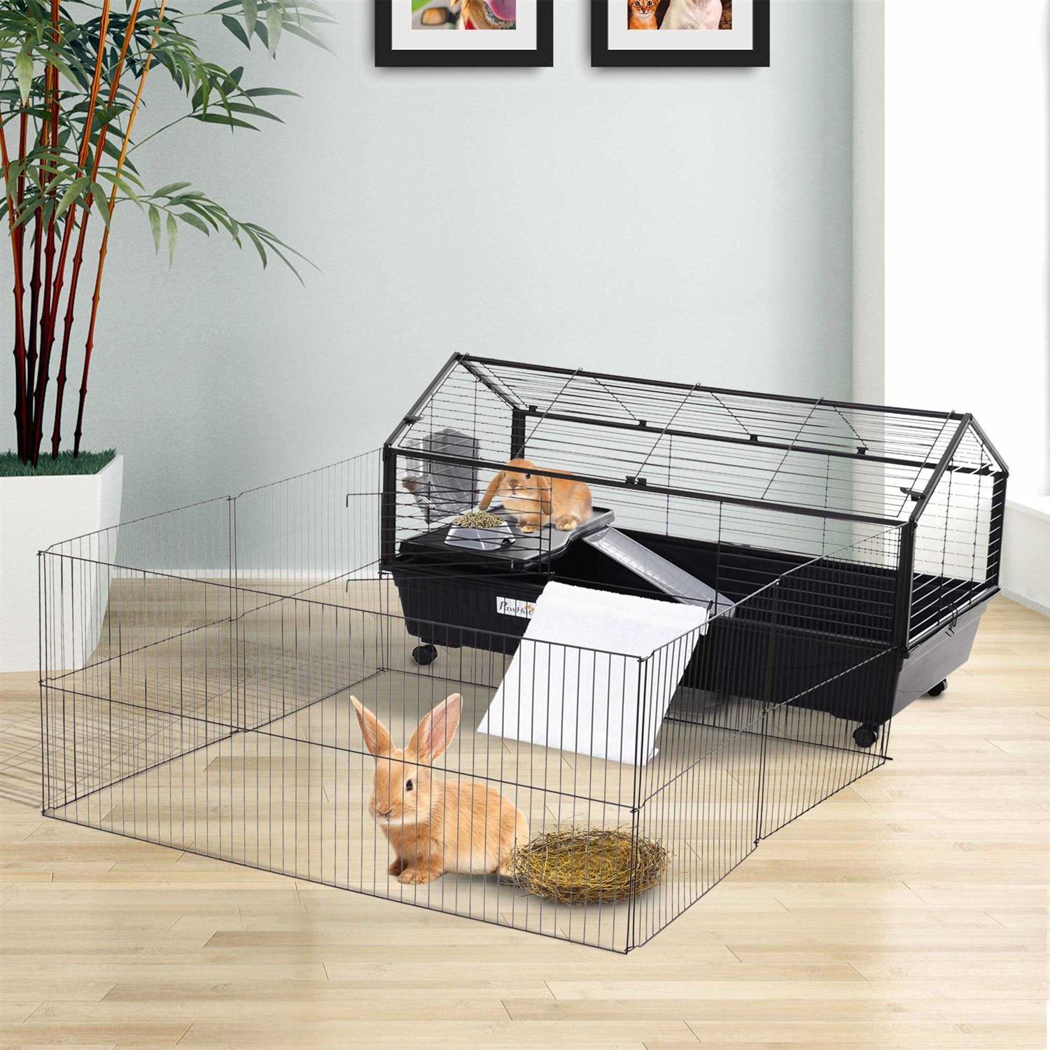 PawHut Rolling Metal Rabbit Guinea Pig or Small Animal Hutch Cage with Main House and Run - Healthber