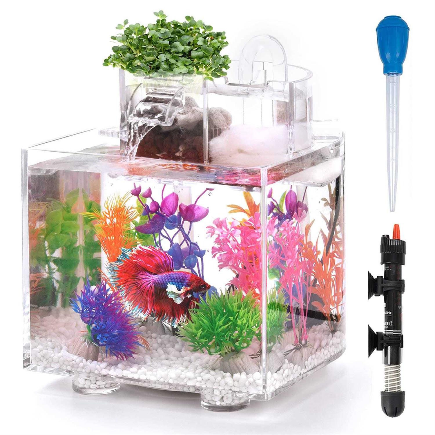 Oltraman Betta Fish Tank, 1.6 Gallon Aquarium, Upgrade Hydroponics Growing System, Beta Fish Tank Self Cleaning with Heater and Filter - Healthber