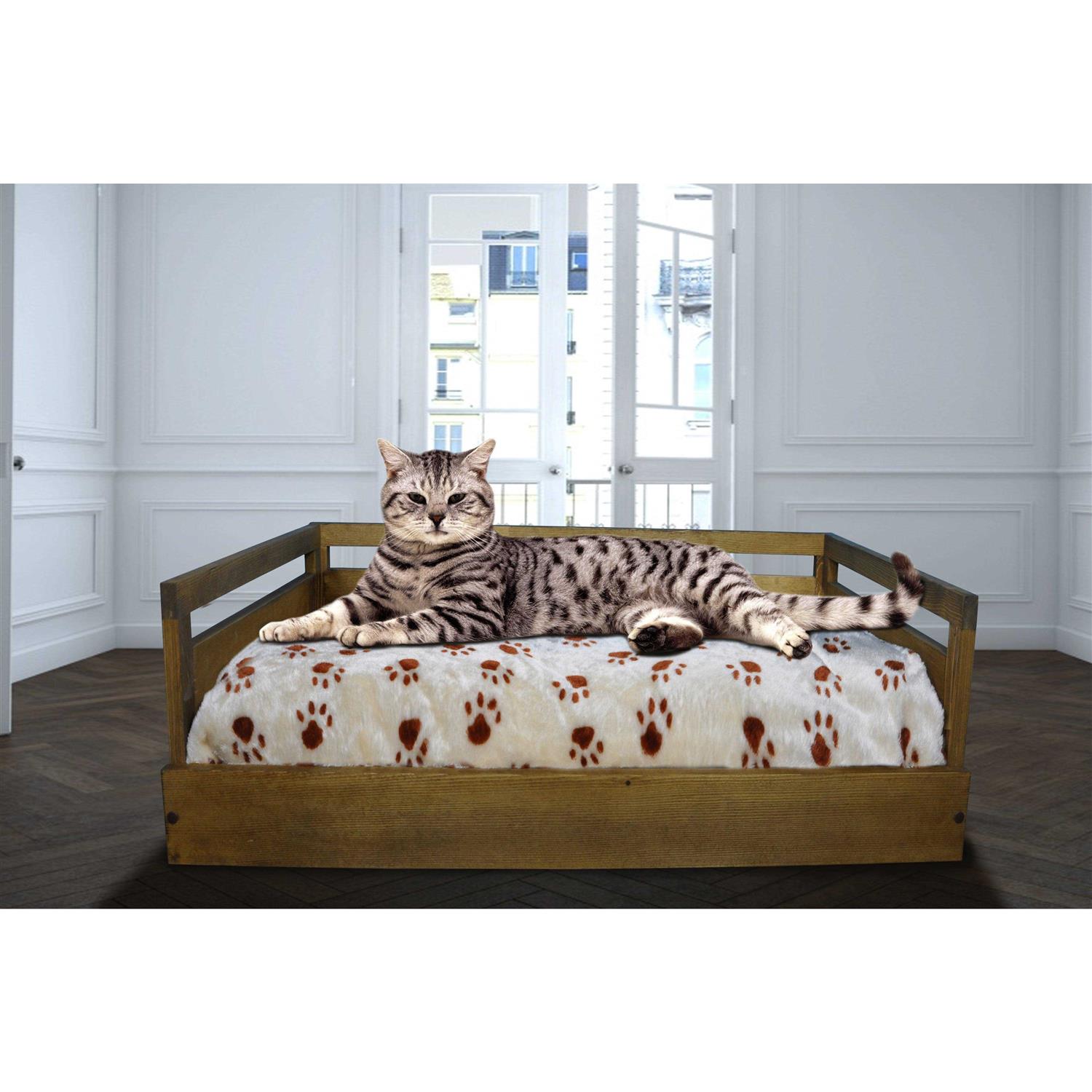 Iconic Pet Sassy Paws Wooden Pet Bed with Paw Printed Comfy Cushion - Healthber