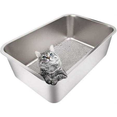 Yangbaga Stainless Steel Litter Box for Cat and Rabbit, Large Size with 8in High Sides and Non Slip Rubber Feet. Odor Control - Healthber