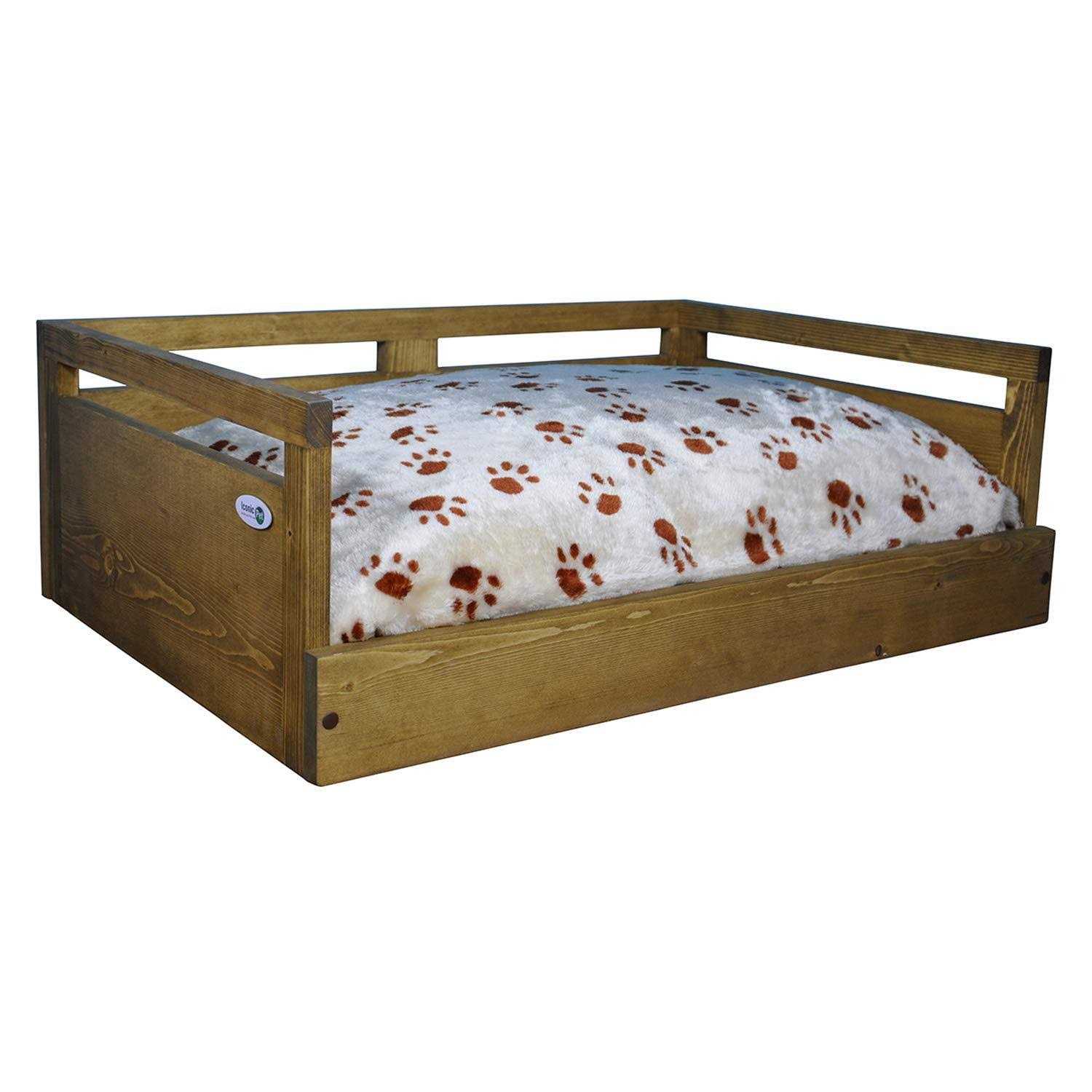 Iconic Pet Sassy Paws Wooden Pet Bed with Paw Printed Comfy Cushion - Healthber