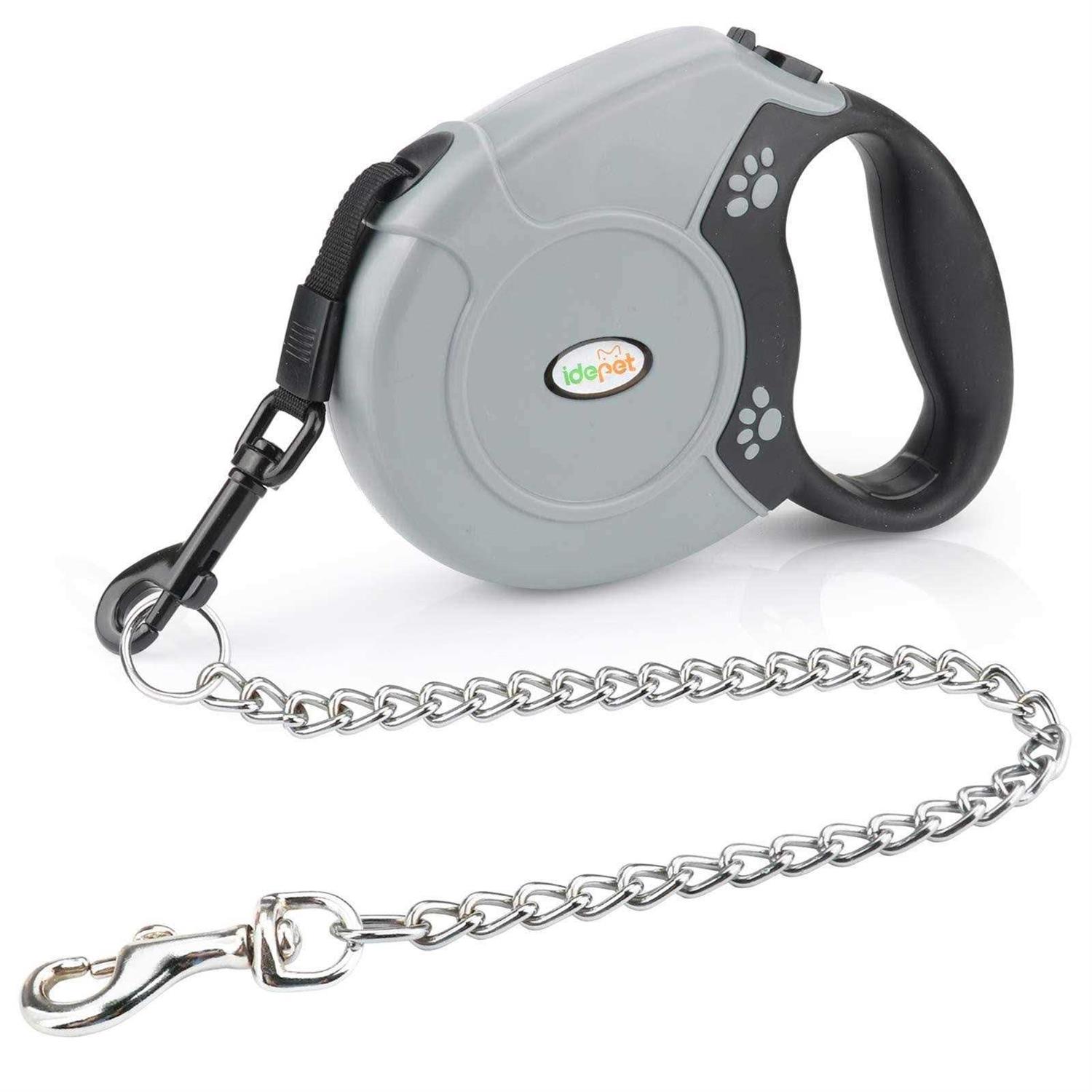 Idepet Heavy Duty Retractable Dog Leash for Small and Medium Dogs, Anti-Chewing Steel Chain 360 Degree Tangle-Free,Break and Lock System,16ft Leash - Healthber