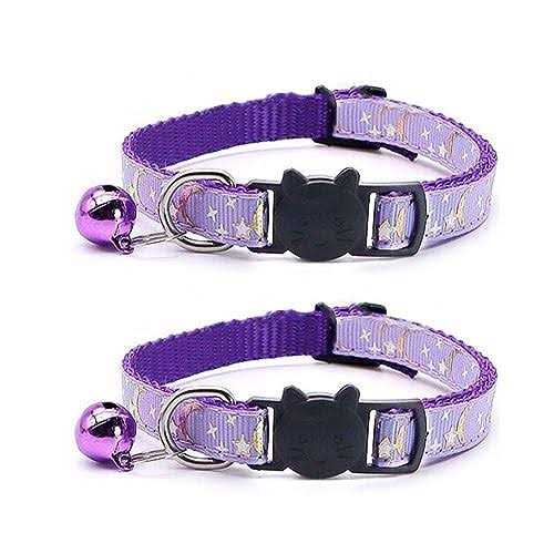 Reflective Cat Collars Bell 2-Pack Girl Boy Pet Kitten Collar with Star Moon Patetrn Adjustable 7.5-12.5 Inch - Healthber