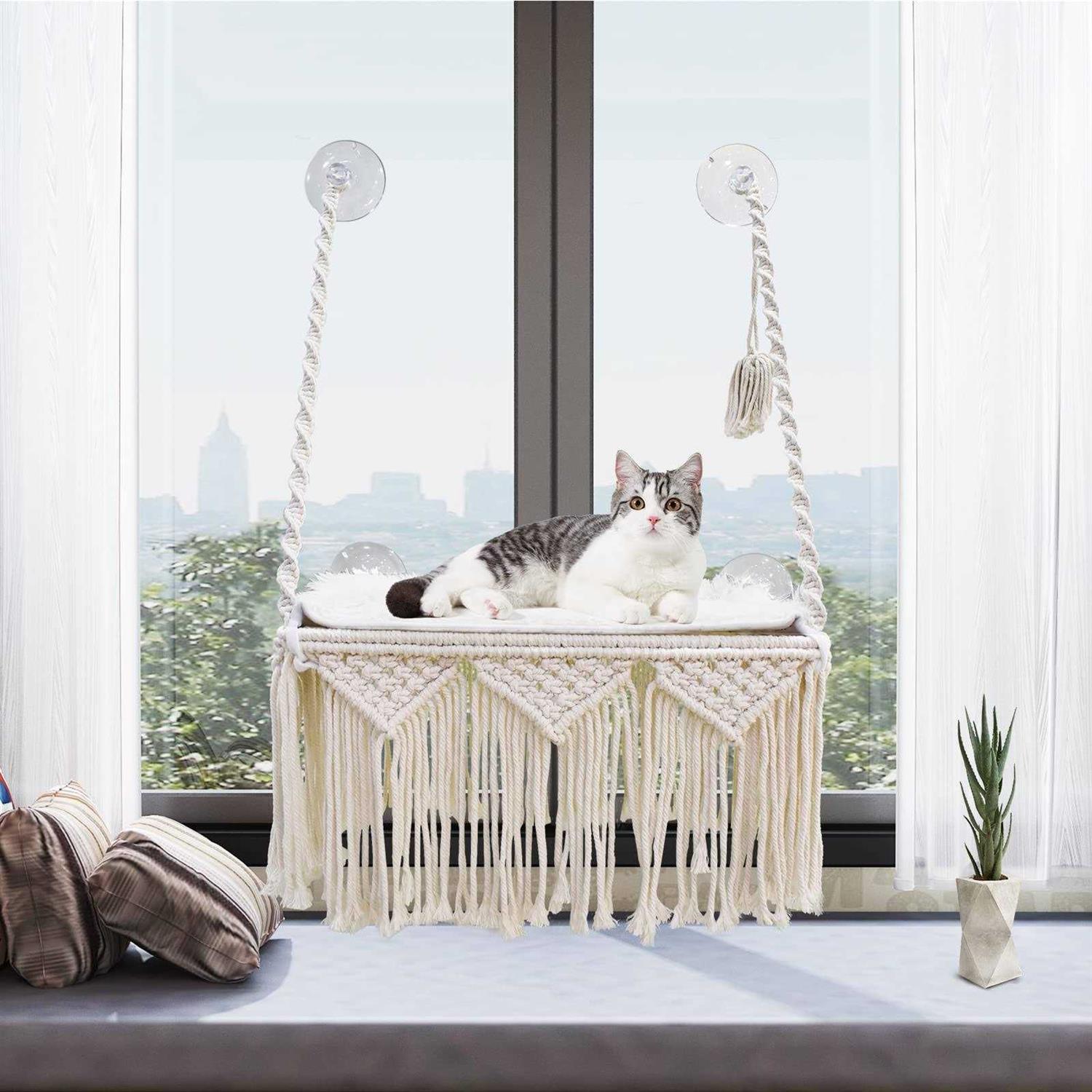 VAEScOL cat window perch macrame cat hammock boho wall mounted pet resting seat bed for sunbathing - Healthber