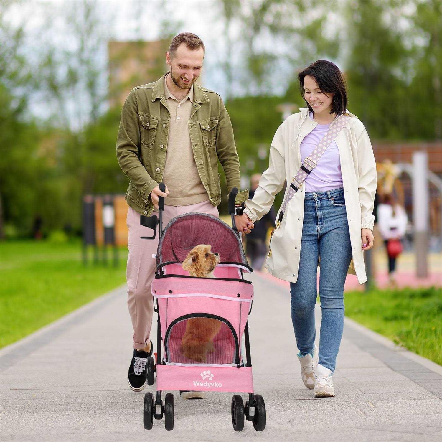 Pet Dog Stroller, Wedyvko 4 Wheels Foldable Dogs and Cat Strollers with Cup Holder for Small and Medium Cats - Healthber