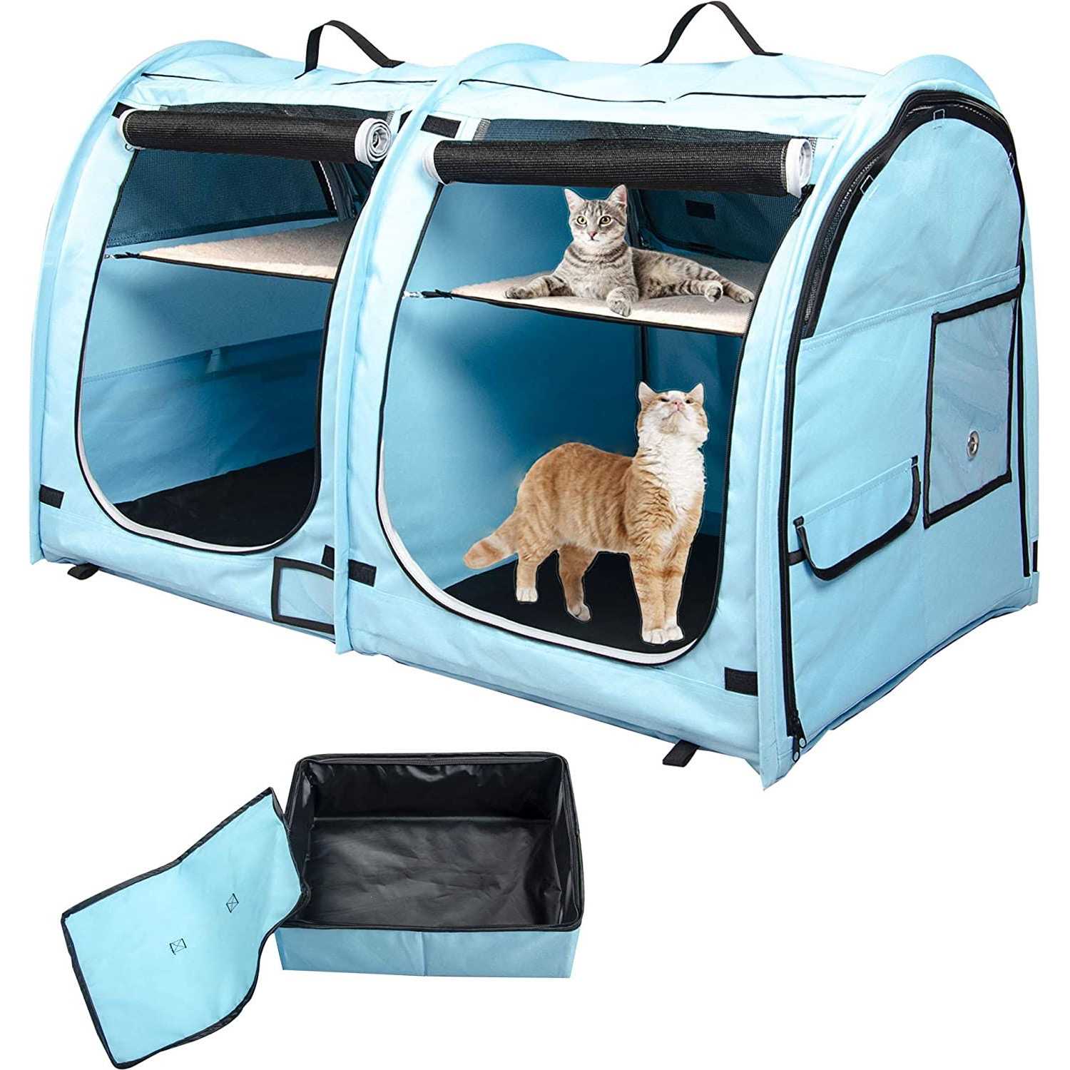 Mispace Portable Twin Compartment Show House Cat Cage/Condo Easy to Fold & Carry Kennel - Healthber