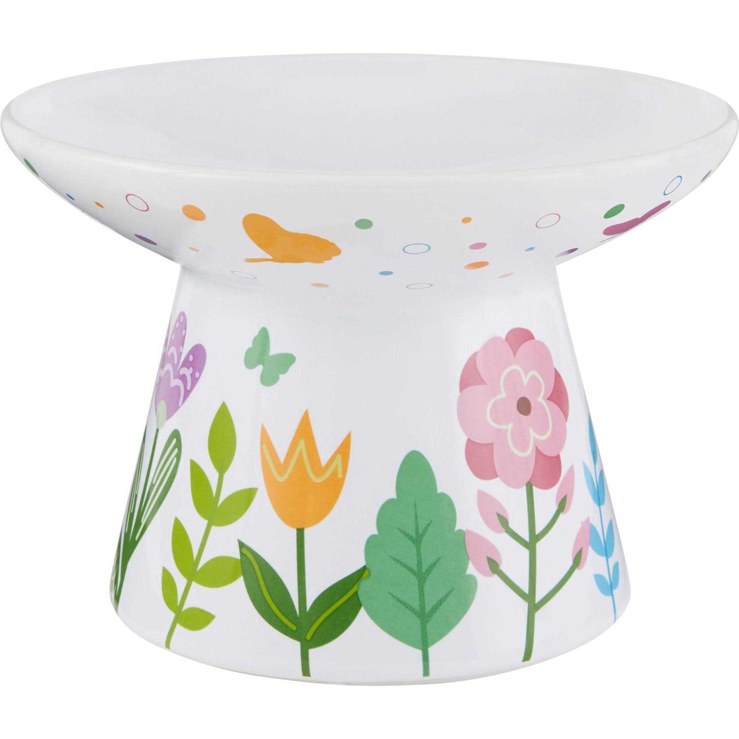 Frisco Cat Face Floral Wide Shape Elevated Non-Skid Ceramic Cat Bowl - Healthber
