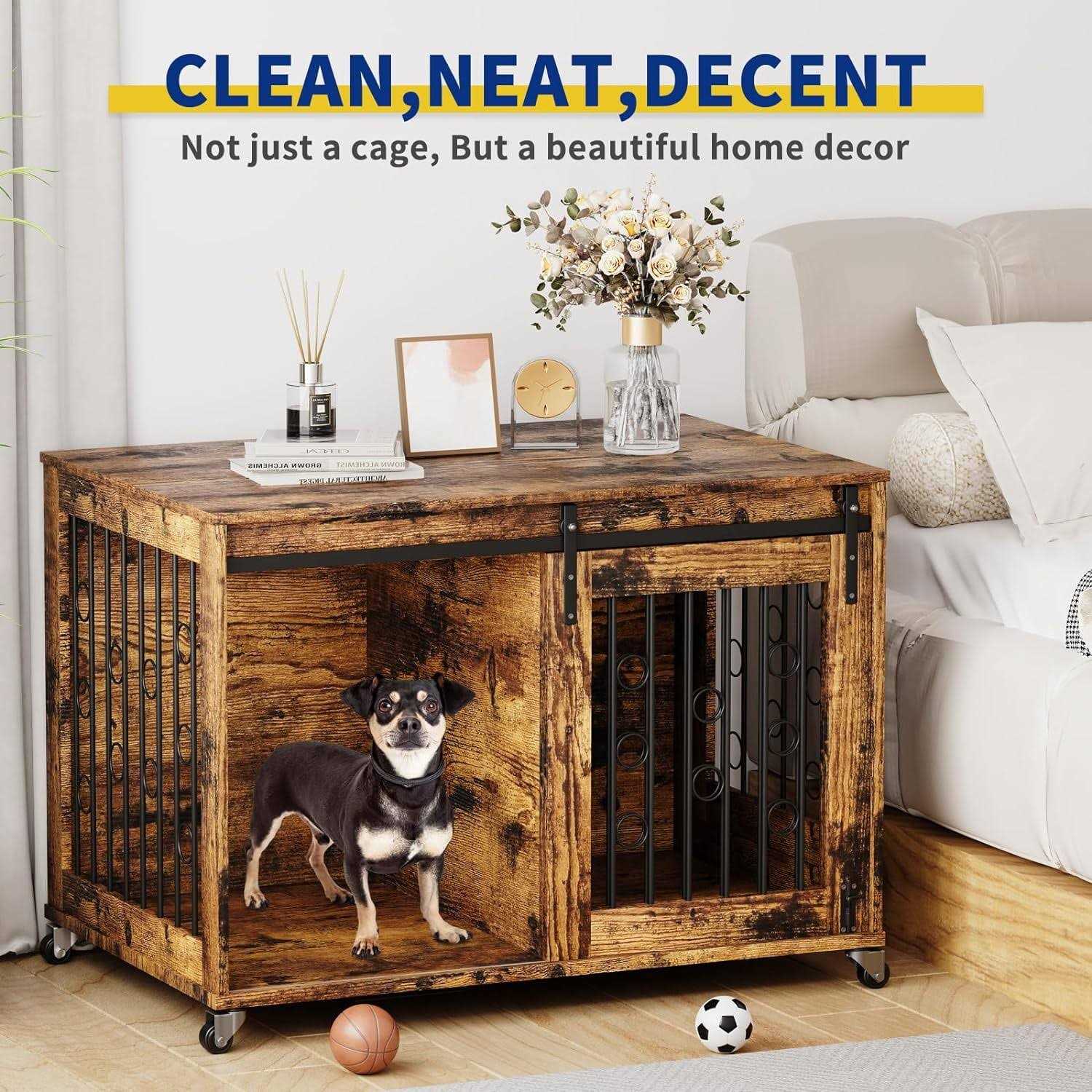 Cuoote Dog Crate Furniture, 39” Movable Dog Crate with Wheels, Sliding Door, Indoor Dog Cage with Side Door and Detachable Partition - Healthber