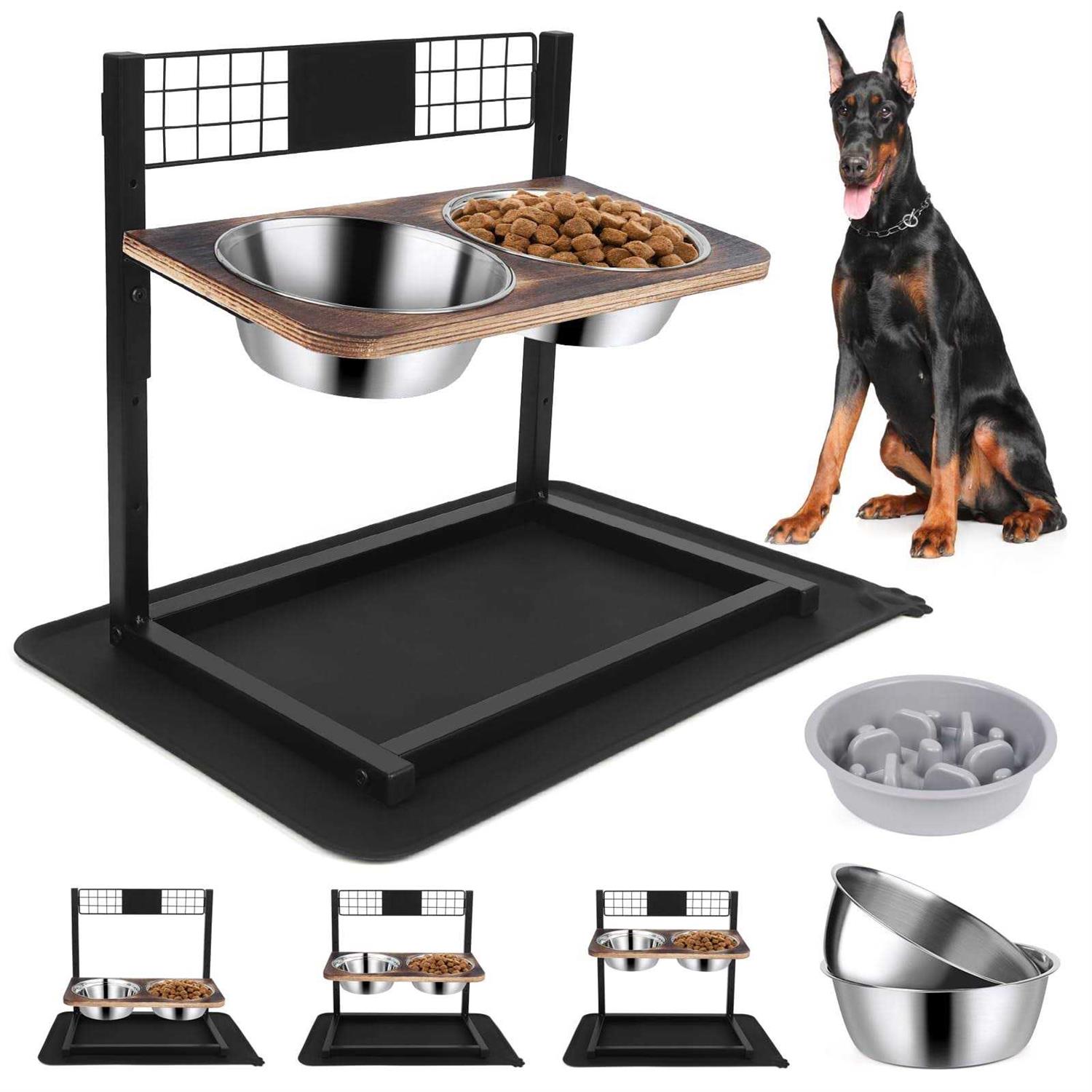 Ciconira Metal Elevated Dog Bowls with Slow Feeder & Spillproof Mat 8°Tilted Raised Dog Bowl Stand with Two 1.3L Stainless Steel Food Water Bowls,4 - Healthber