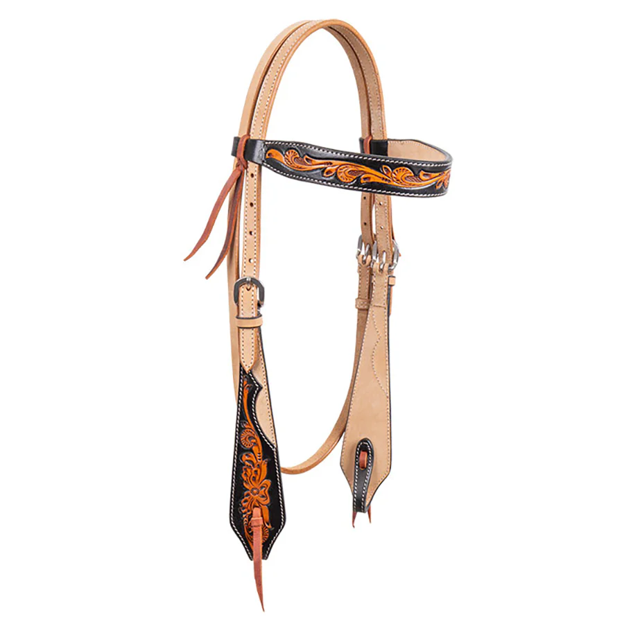 Cody Pro Two-Tone Carved Browband Headstall with Floral Tooling - Healthber