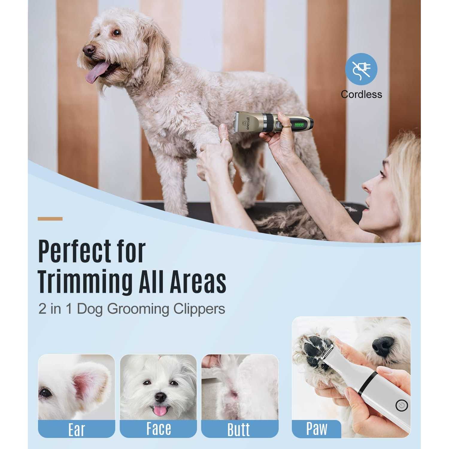oneisall Dog Clippers and Dog Paw Trimmer Kit 2 in 1 Low Noise Cordless Dog Clippers for Grooming Pet Hair Trimmers for Small and Large Dogs Cats - Healthber