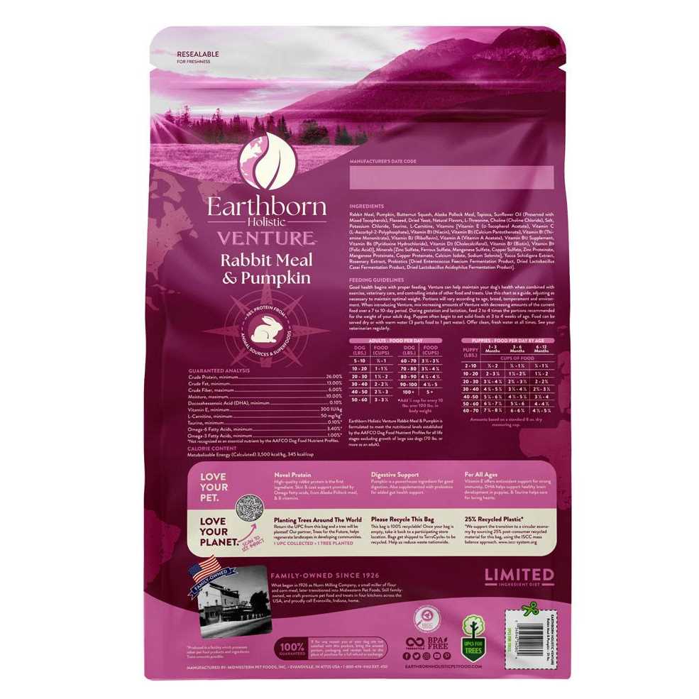 Earthborn Holistic Venture Grain Free Rabbit Meal Pumpkin Dry Dog Food - Healthber