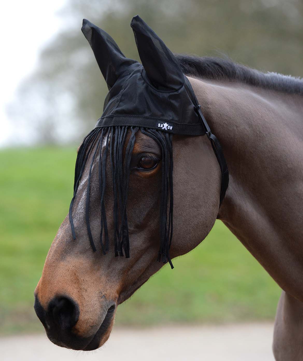 Saxon Fly Fringe Bonnet for Horses with Ears, Black - Healthber