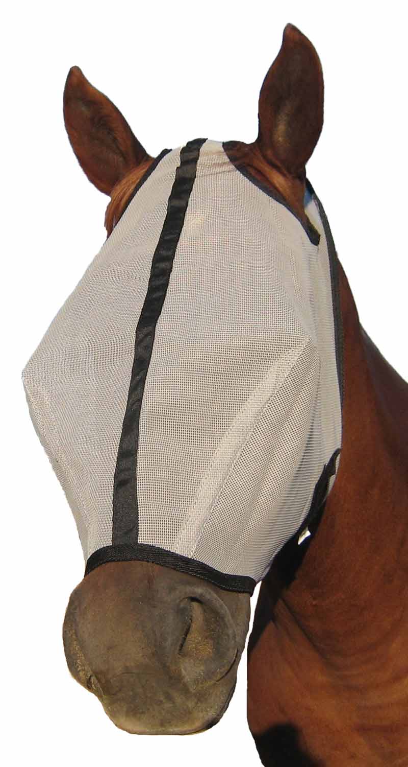 Horse Sense Extended Nose Fly Mask, Gry/Blk - Healthber